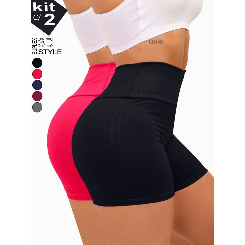 Kit c/2 Short 3D Cintura Alta Legging Fitness Academia Short Feminino Academia Treino Yoga Sports Shorts