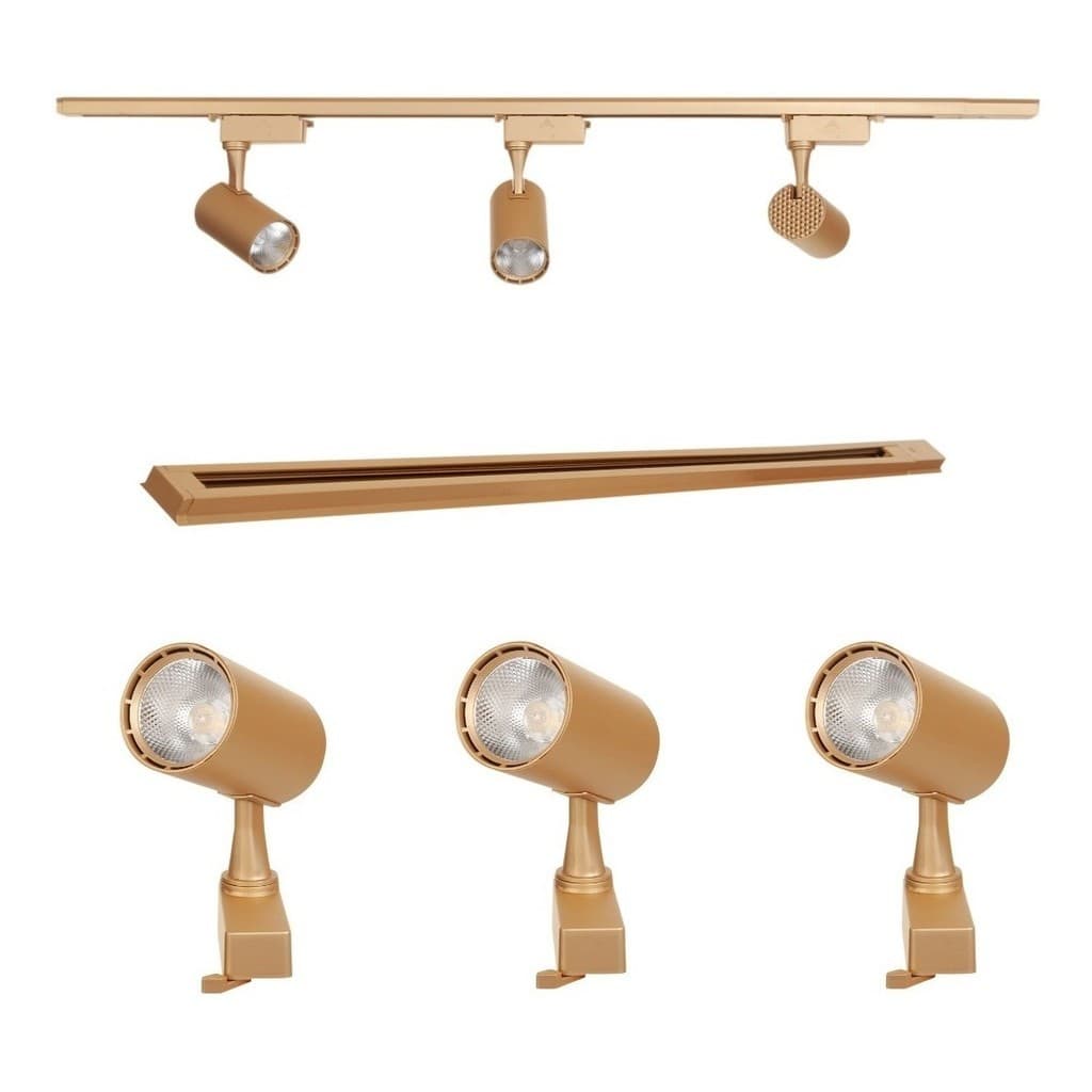 Trilho Eletrificado de 1m Com 3 Spots Cor da Luz Branco Quente (3000k) 7w Dourado Fosco