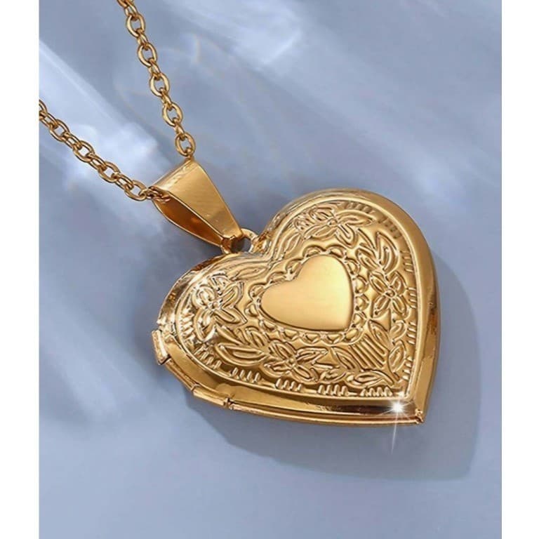 Colar coracao relicario Feminino Masculino Dourado Aco inox para fotos 50cm