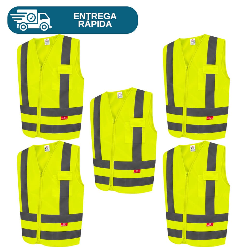 Kit 5 Colete De Sinalização Refletivo Com 1 Bolso Fechamento Em Zíper Tipo Blusão Obras Rodovias