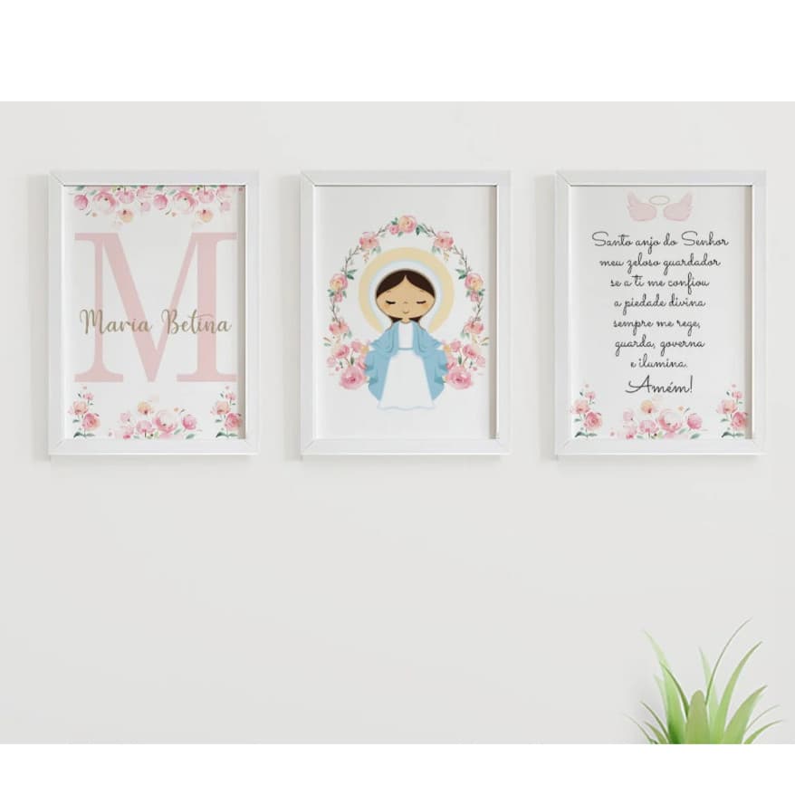 Quadros para Quarto de Bebê Nossa Senhora das Graças Com Nome Personalizado 3 Peças