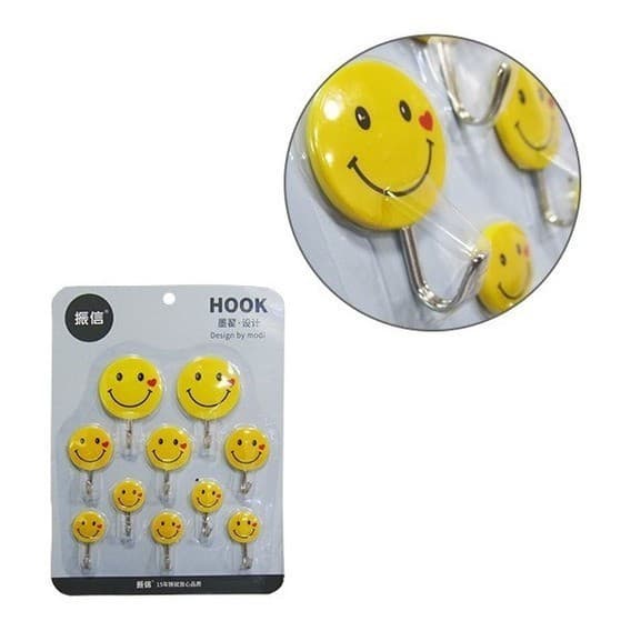Kit 10 Ganchos Adesivo Emoji Smile  Prendedor Parede Super Aderência Resistente Dupla Face Cabide