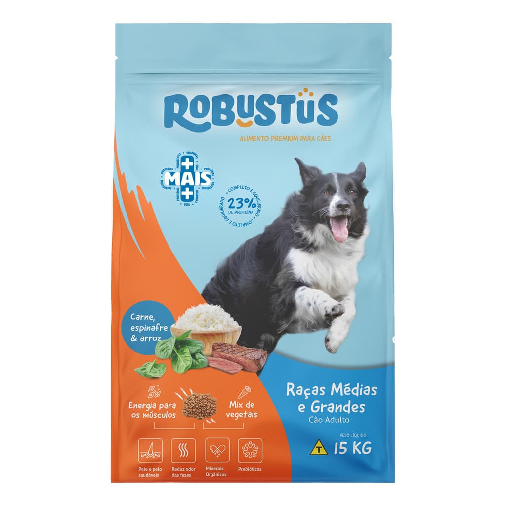 Saco Ração +Mais Cachorro Cães Adultos Raças Porte Medio Grande Premium 23% Proteína 15kg Robustus