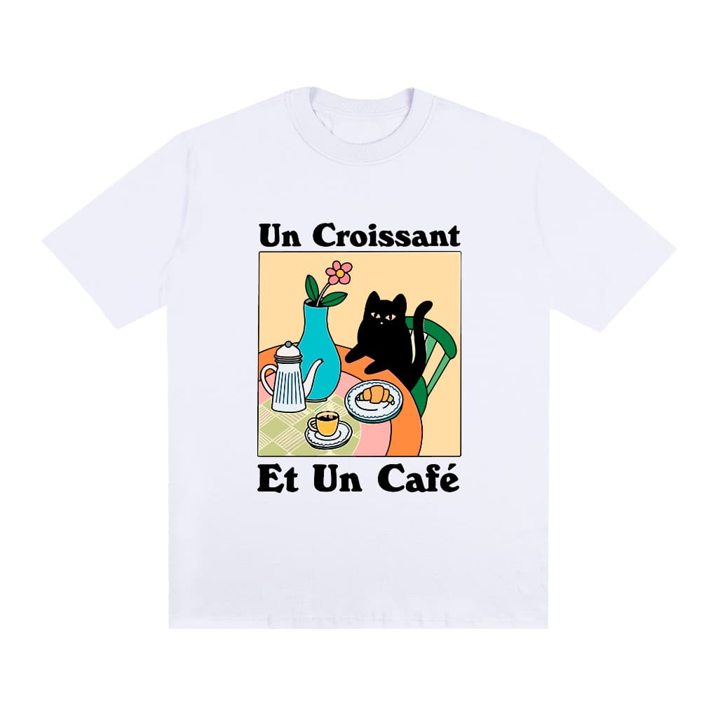 Camiseta Feminina 100% Algodão Premium Gato Un Croissant Et Un Café França