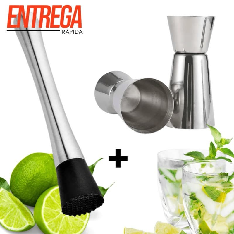 Conjunto 2 Dosador Duplo Inox 25/50Ml Para Drinks e Bebidas + Socador de Gelo e Frutas Para Barman Envio Imediato