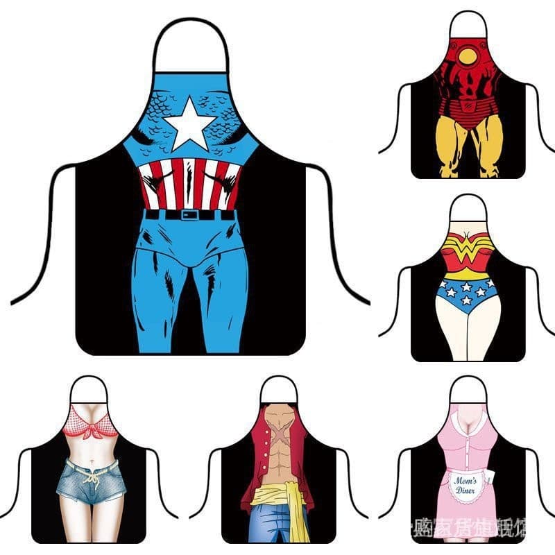Avental de avental Yong Avental de avental Yong Weird Smell Cartoon Casal de desenho animado Super-Homem Versão coreana Moda Cozinha Cozinha Cozinha Doméstica Restaurante de panelas quentes à prova d'água 5 /4