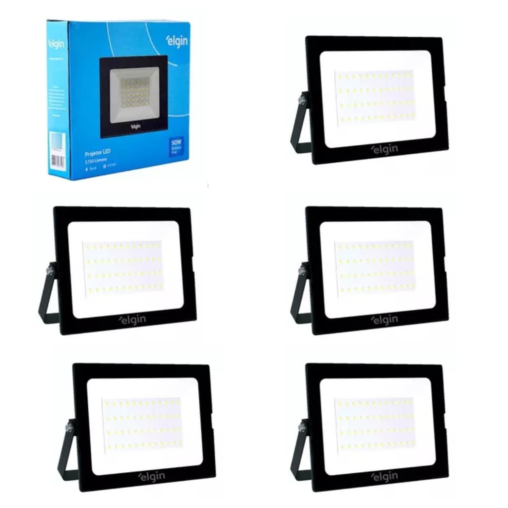 Refletor Projetor Luminária LED 50W 6500K Preto Kit com 5 - Elgin