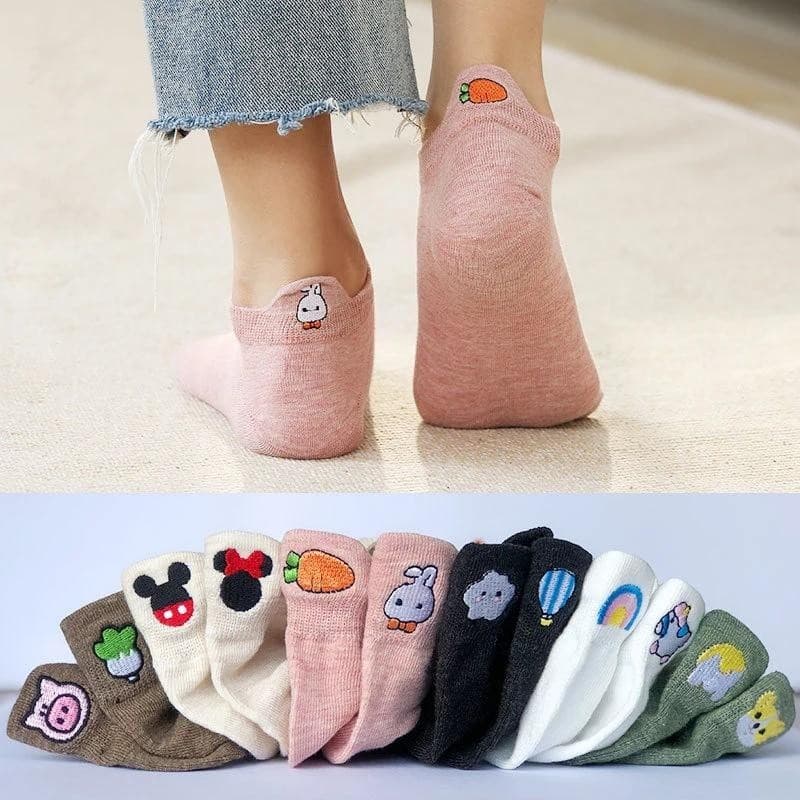10 Pares Meias Curtas Femininas Conjunto De Algodão Bordado Tornozelo Kawaii Animal Rabbit Dog Bear Vegetables Barco