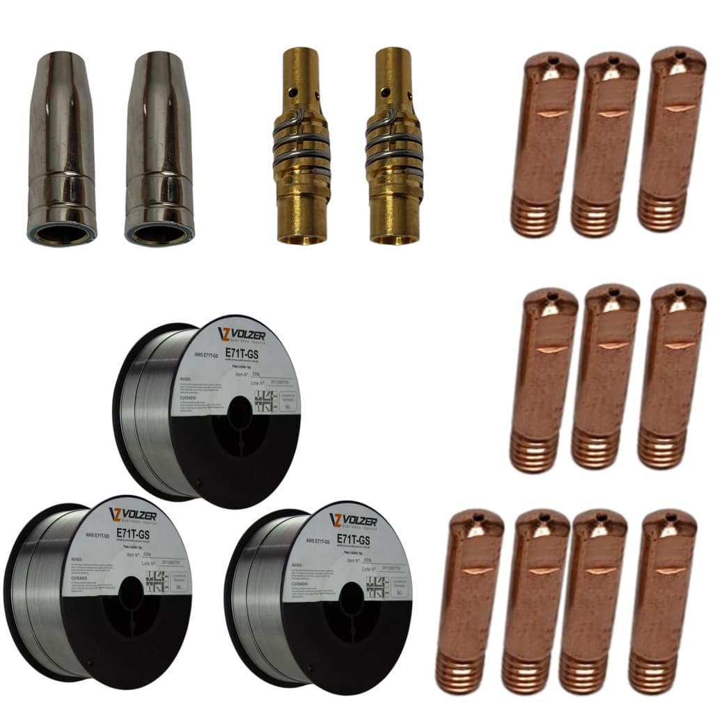 3 Rolo Arame Solda Mig S/ Gás 1kg 0,8mm +10 Bicos + 2 Difusor + 2 Bocal (17 Pçs)