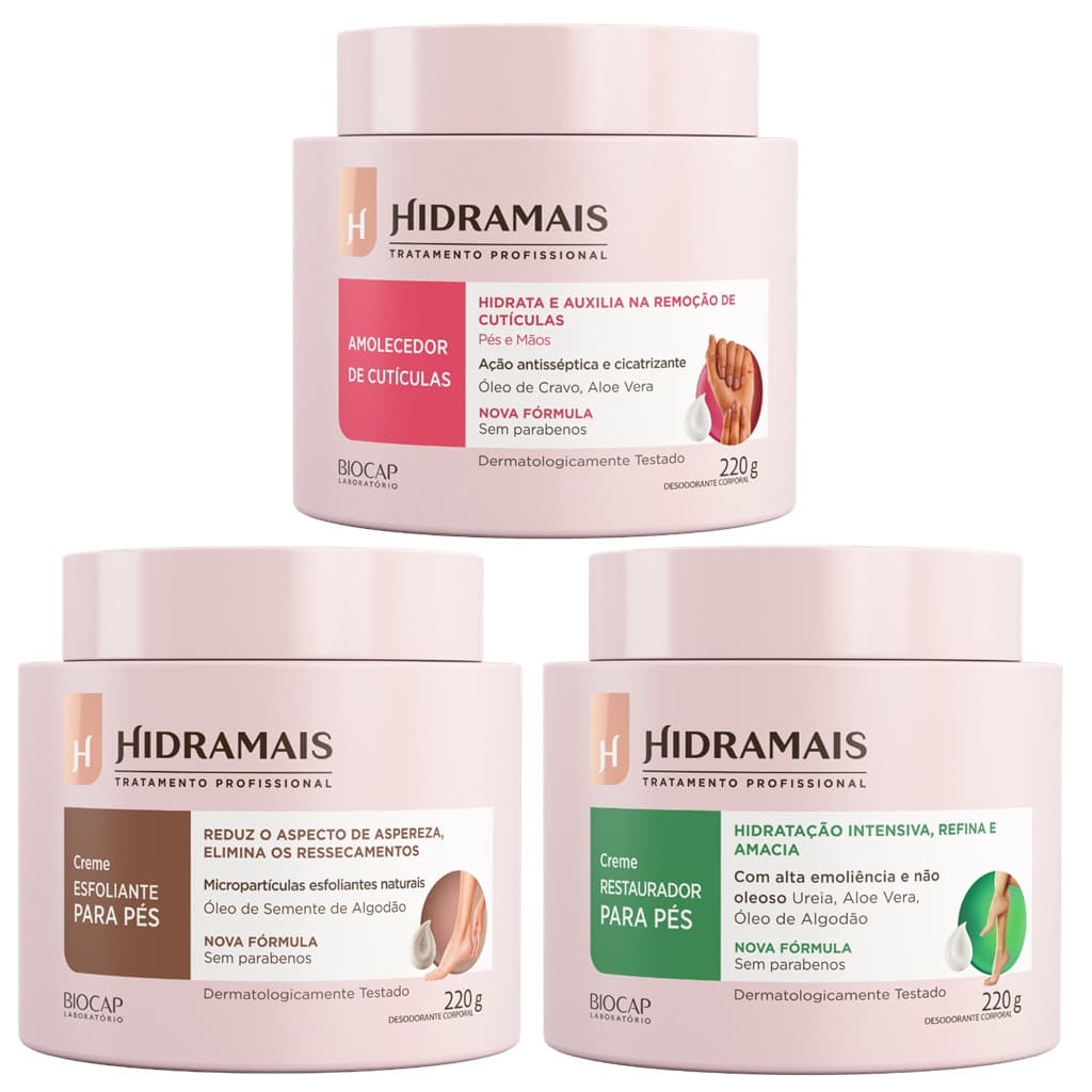 Amolecedor de Cutículas + Esfoliante Pés + Restaurador Pés 220G - Hidramais