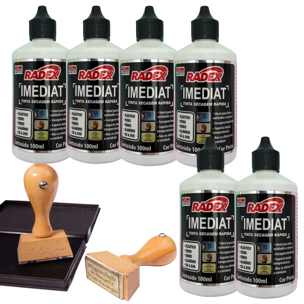 Kit 6 Tinta Radex Para Carimbo Secagem Rápida 100ml Para Plástico E Vidro
