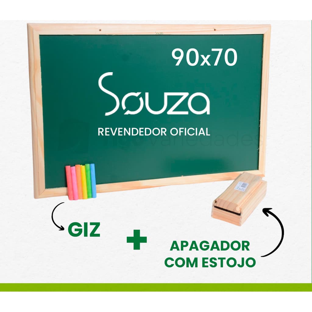 Lousa quadro escolar 90x70 Souza com porta giz apagador e giz