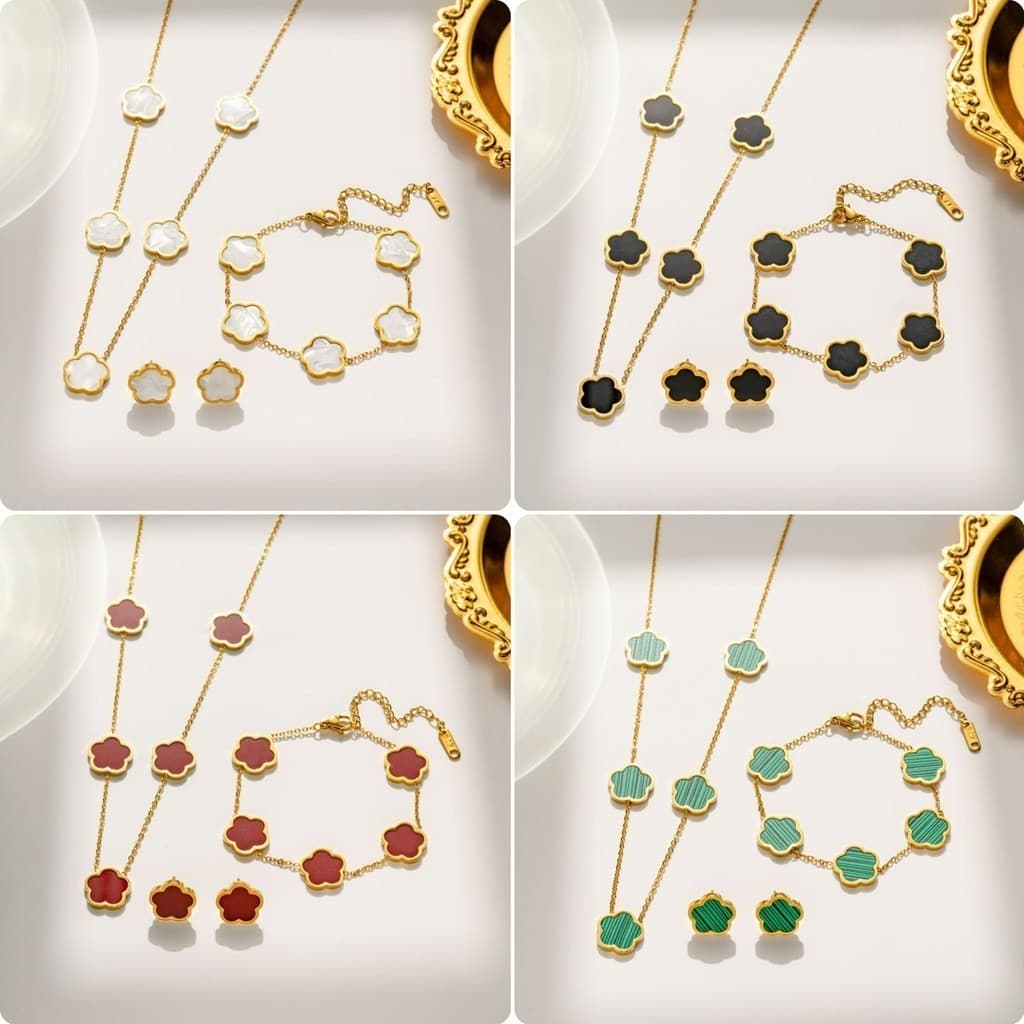 Conjunto Feminino Colar Pulseira Brincos Cinco Folhas da Sorte  Virginia