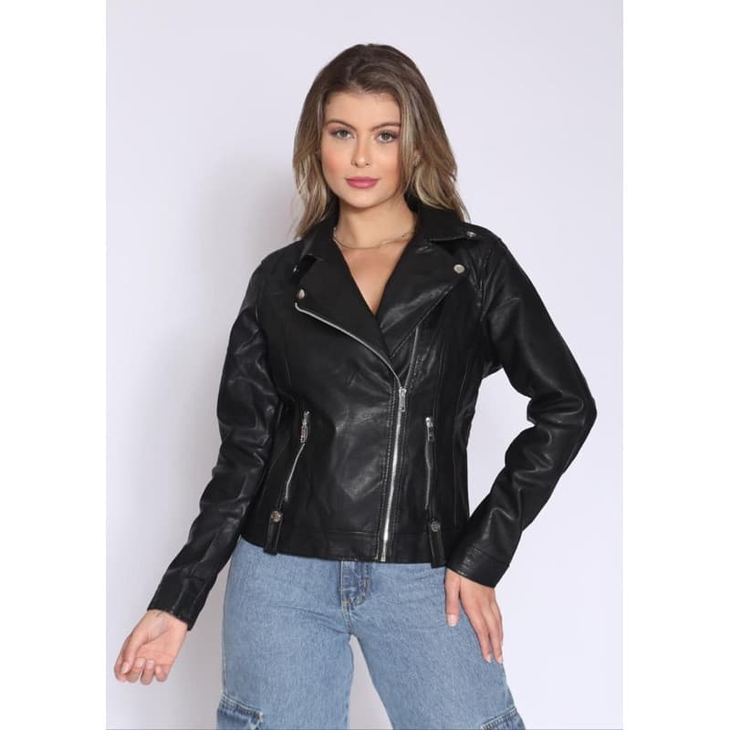 Jaqueta de Couro Feminina Casual Preta Elegante Slim Moderna Moda Luxo Promoção