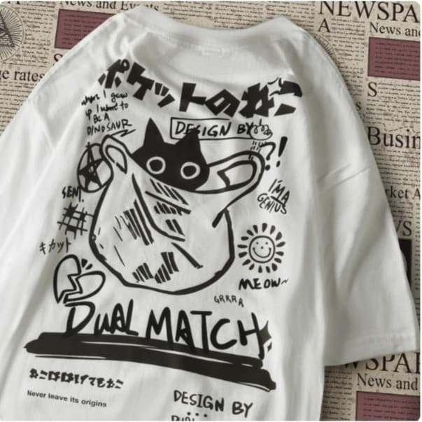 Camiseta Básica Masculina Dual Match Gato Camisa Streetwear Oriental