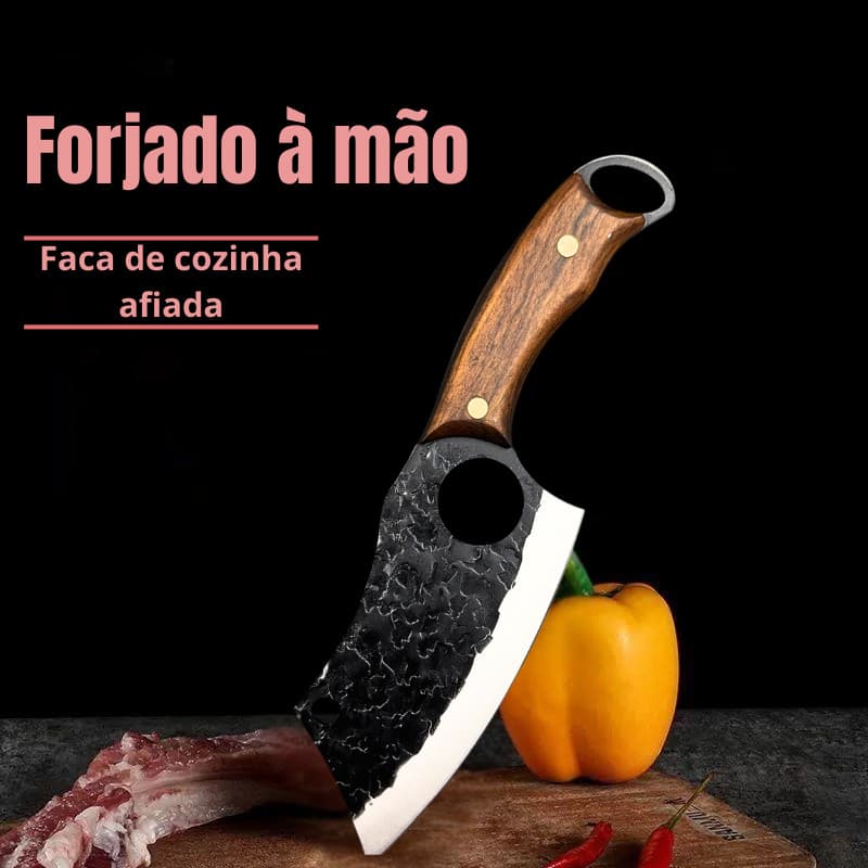 Cutelo Forjado Artesanal Rústico para Camping e Chef de Cozinha com Bainha de Couro
