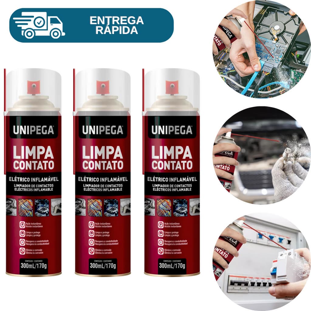 Kit 3 Limpa Contato Eletrico Eletronico Spray 300ml Unipega P/ Pc Pilha Bateria Placa de Circuitos Disjuntor Computador