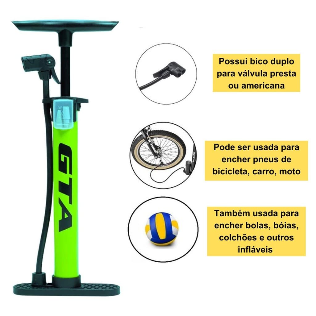 Bomba De Ar Manual Pneus Bike Moto Bola Infláveis Com Acessórios 120psi Adap Bico Fino e Grosso Gta