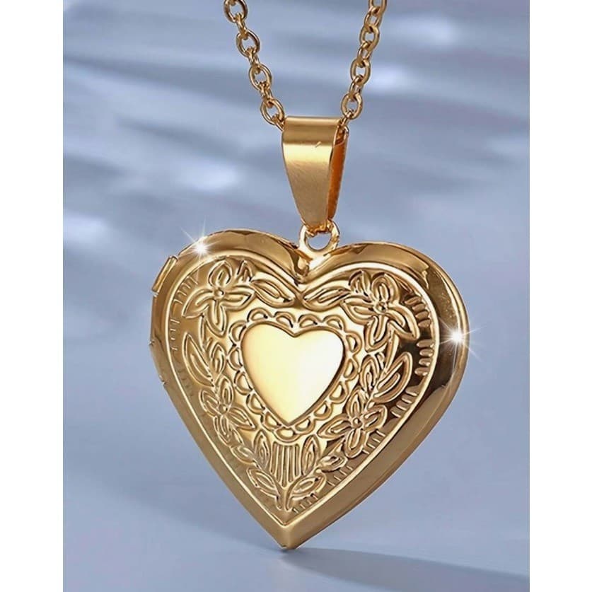 Colar coracao relicario Feminino Masculino Dourado Aco inox para fotos 50cm