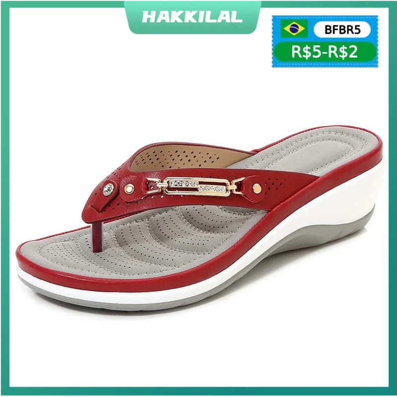 2025 Chinelos Femininos Verão Nova Moda Botão De Metal Slides Sapatos Cunha Sandálias De Praia Feminino Fora Plataforma