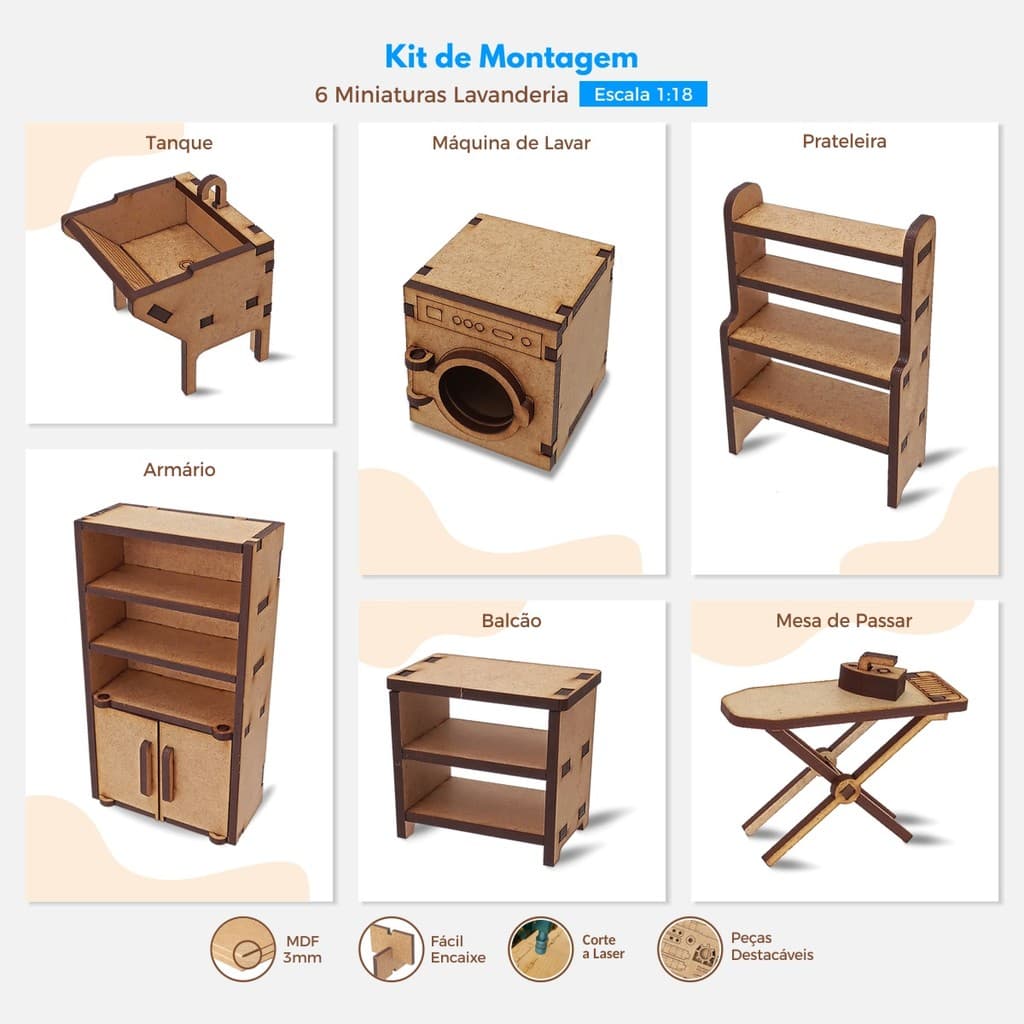 Kit de Montagem 6 Miniaturas Lavanderia Escala 1:18 Maquete Diorama Puzzle 3D