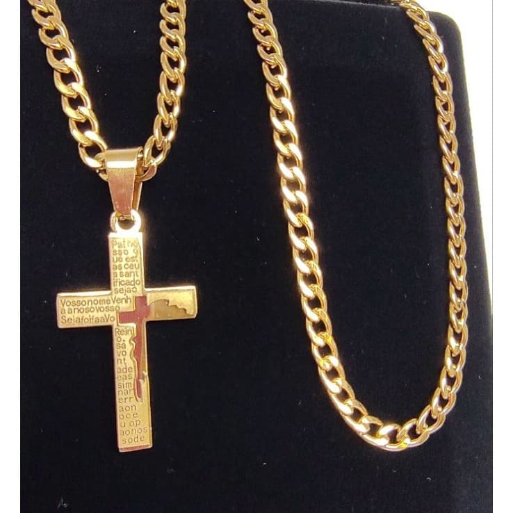 Corrente Masculina Crucifixo Pai Nosso Aço Inoxidável 60Cm