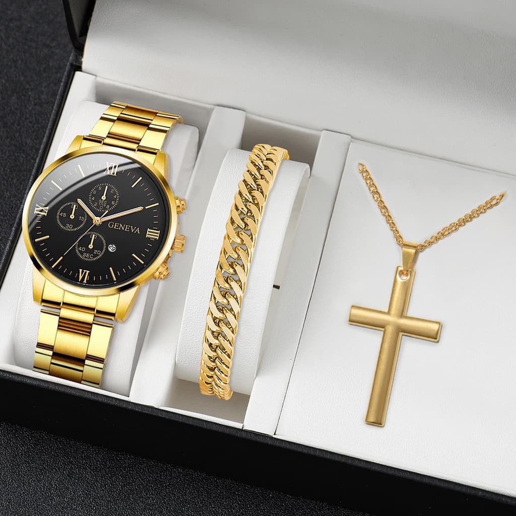 Relógio de pulso masculino de Genebra + Pulseira de Moda Faixa de Aço Calendário de Quartzo