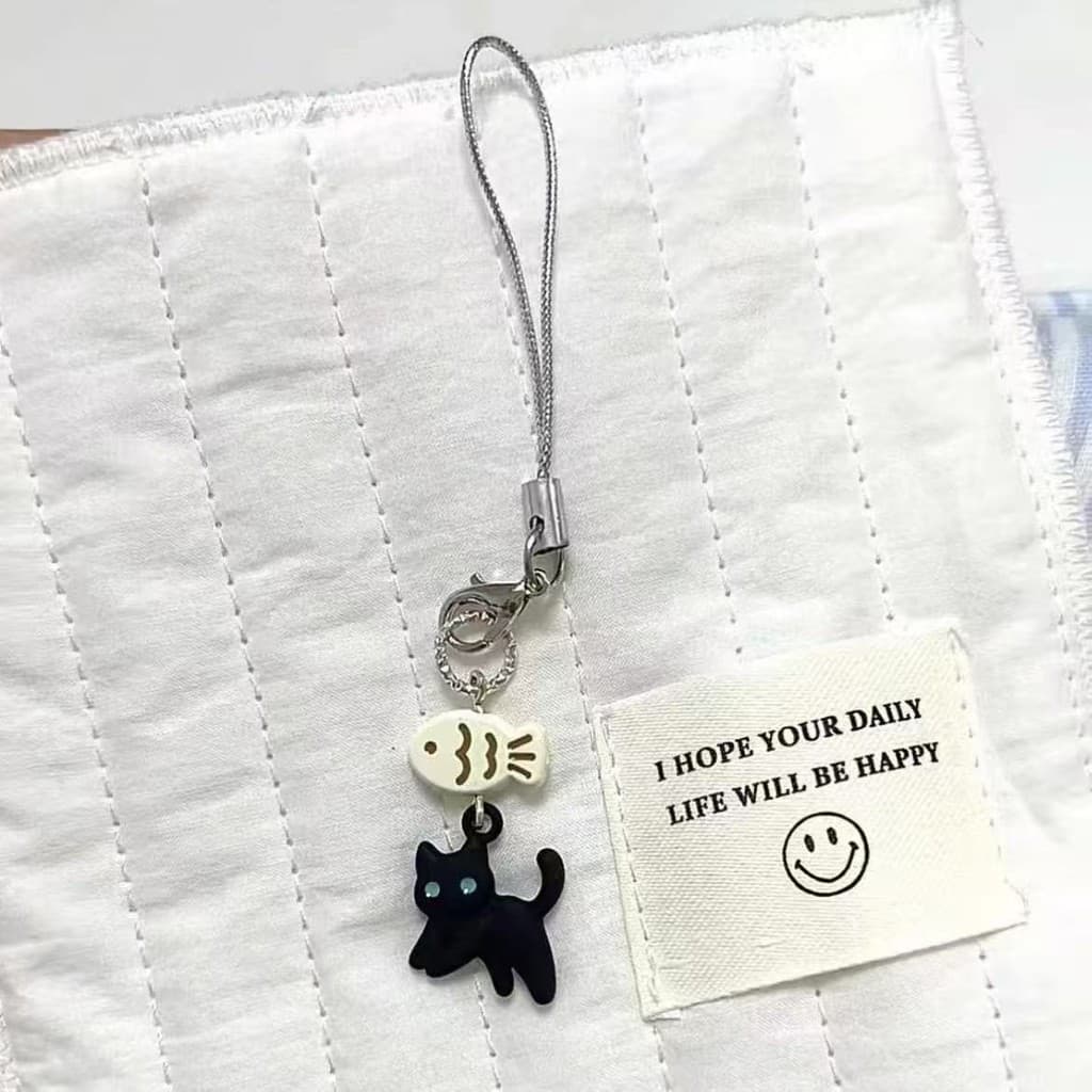 Bonito Gato Preto Peixe Telefone Corrente Cordão Acessórios Da Câmera Saco Charme Pingente Decoração Amigo Criativo