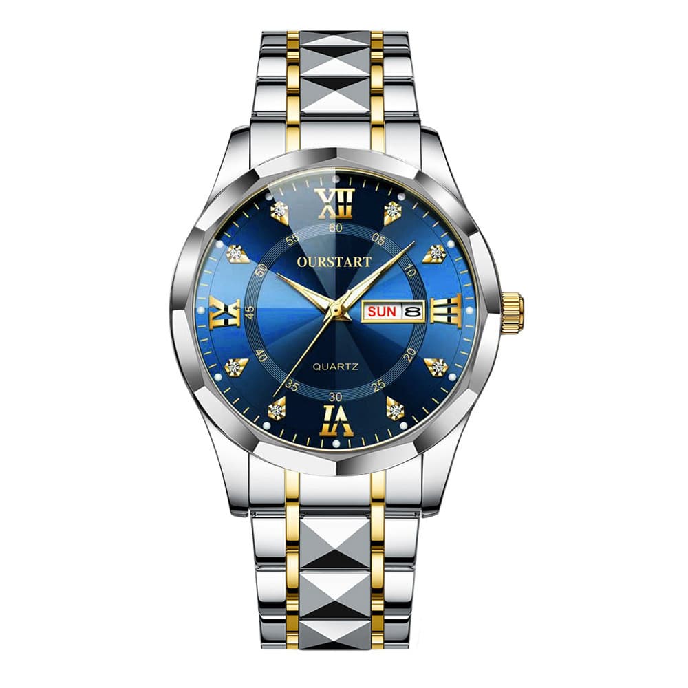 Novo luminoso impermeável Casual rebite duplo calendário banda de aço relógio masculino de quartzo