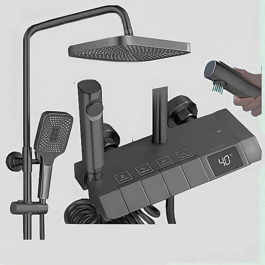 Chuveiro Ducha 4 Saídas Misturador Termostato Digital Grafit Com Temperatura e 4 Funções Chave de Piano