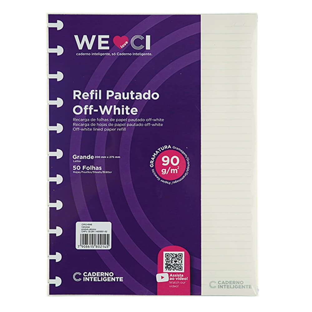 Refil Pautado Off White 90g Caderno Inteligente - Tamanhos Grande, Médio ou A5