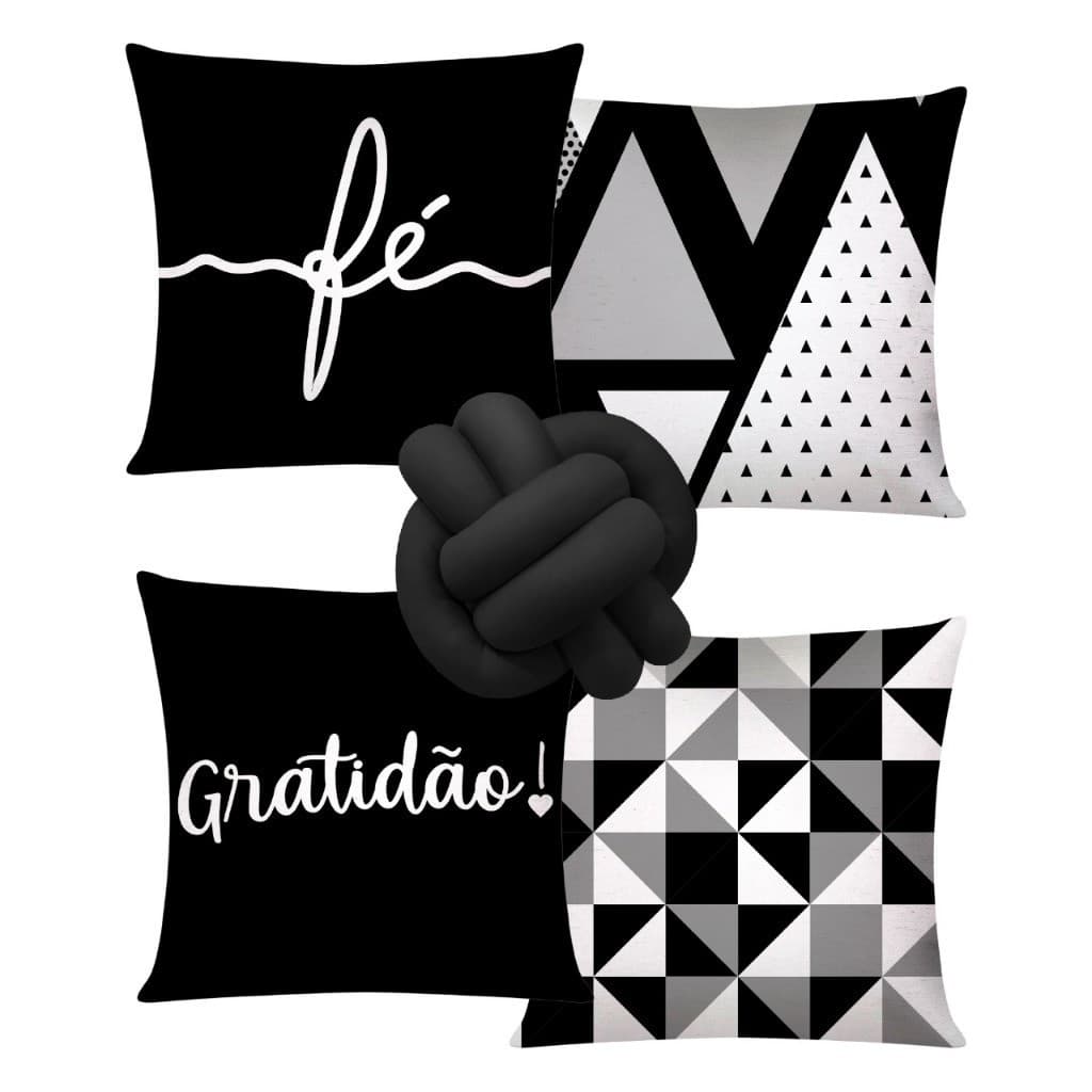 Kit c/ 04 Capas de Almofada Modernas Decorativas 45x45 + 1 Almofada de Nó - Gratidão Preta