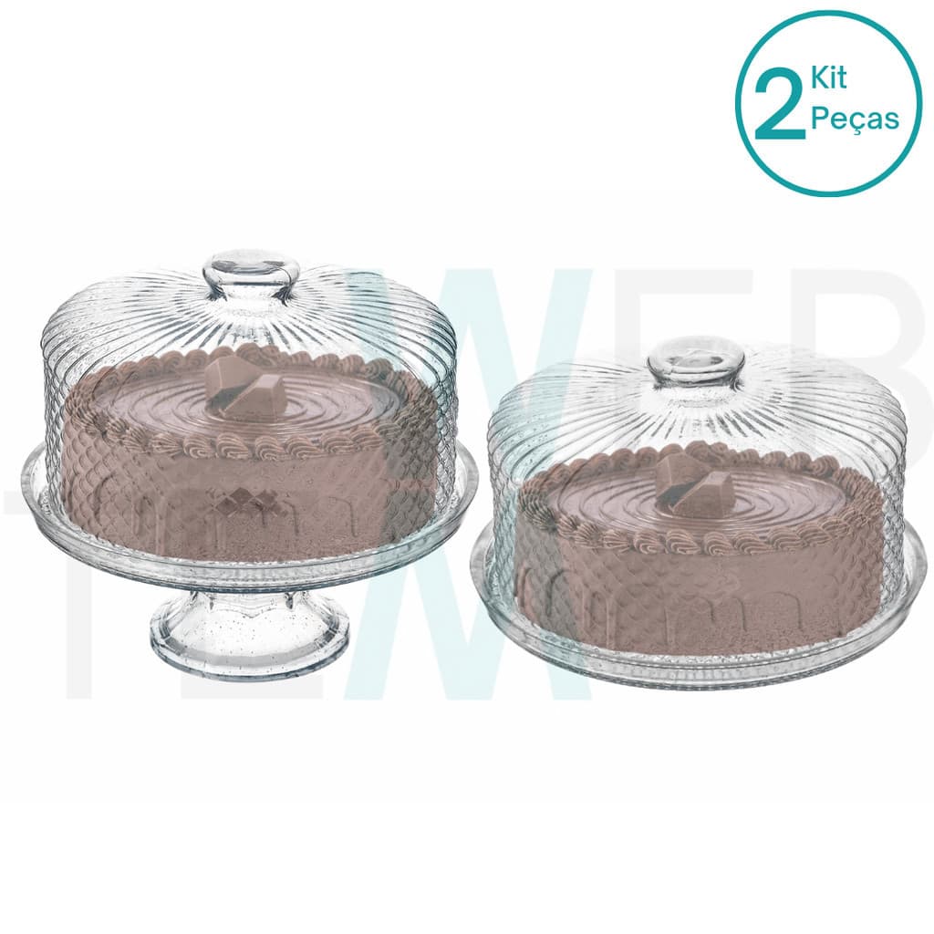 Conjunto 2 Boleiras de Vidro com e sem Pé e Tampa Bico de Jaca Vitazza Prato 28cm Suporte para Bolo, Doces, Festas, Decoração, Organização, Mesa Posta Elegante e Sustentável