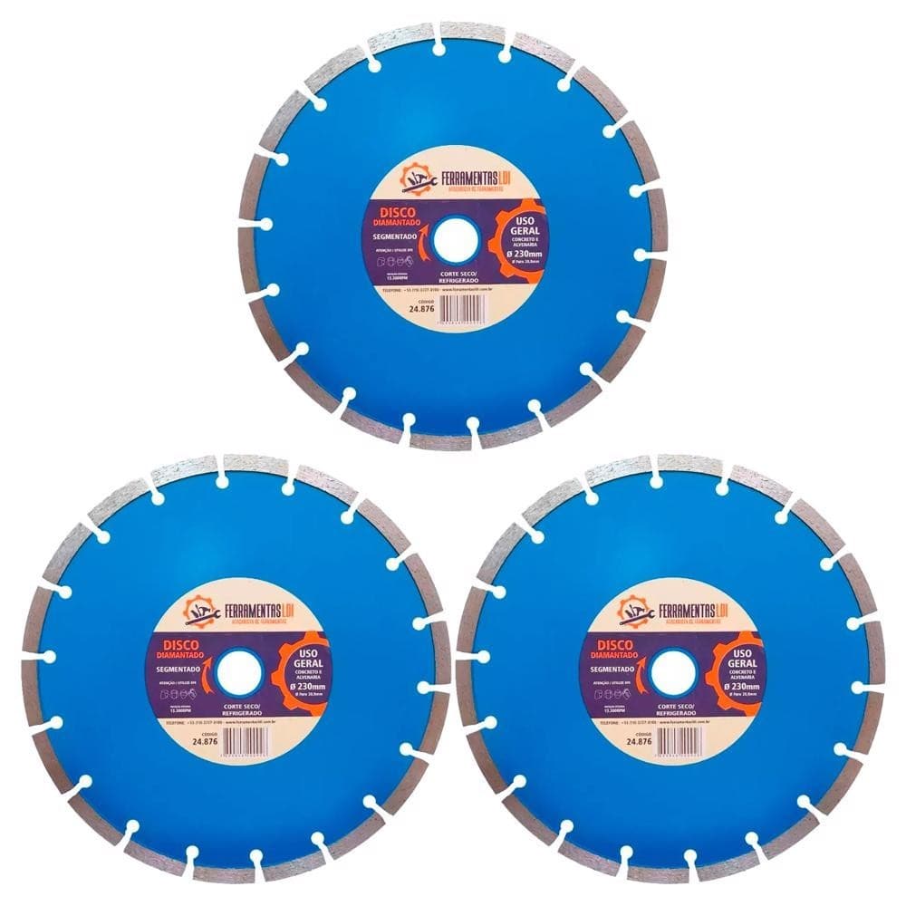 3 Discos De Corte Diamantado Segmentado 230mm 9 Industrial Ferramentas LDI