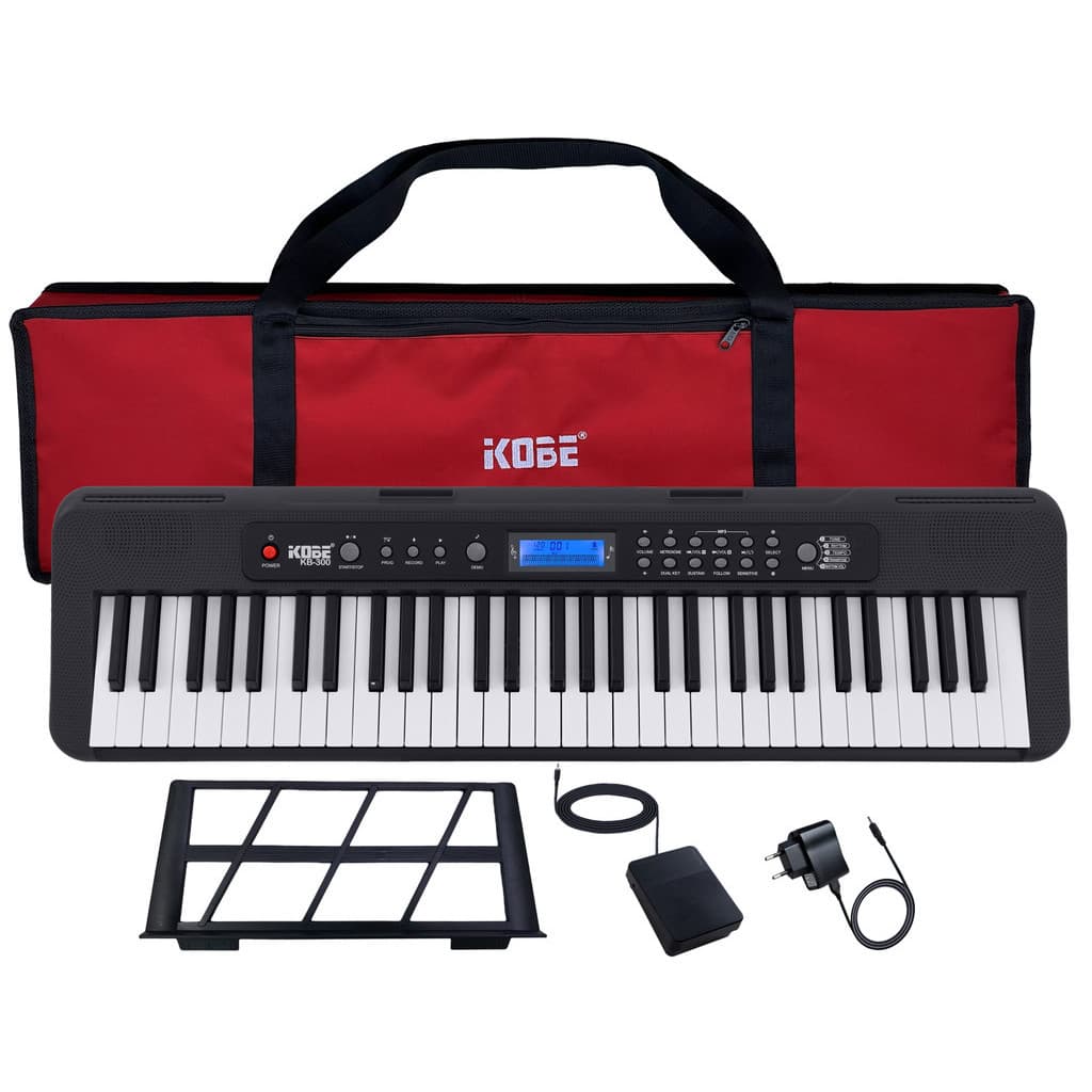 Kit Teclado Musical Kobe KB-300 5/8 61 Teclas com Sensibilidade com Pedal Sustain e Capa Vermelha