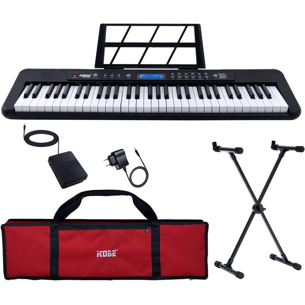Kit Teclado Musical Eletrônico Kobe KB-300 5/8 61 Teclas Sensitivas c/ Pedal Sustain Capa e Estante
