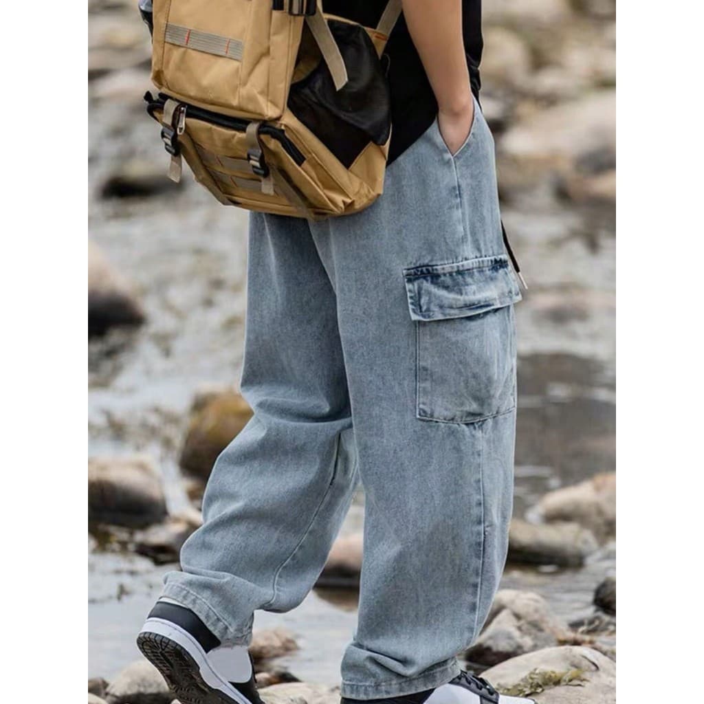 Calça JEANS CARGO Com BOLSO lateral cintura ajustável Largo comprido Unisex