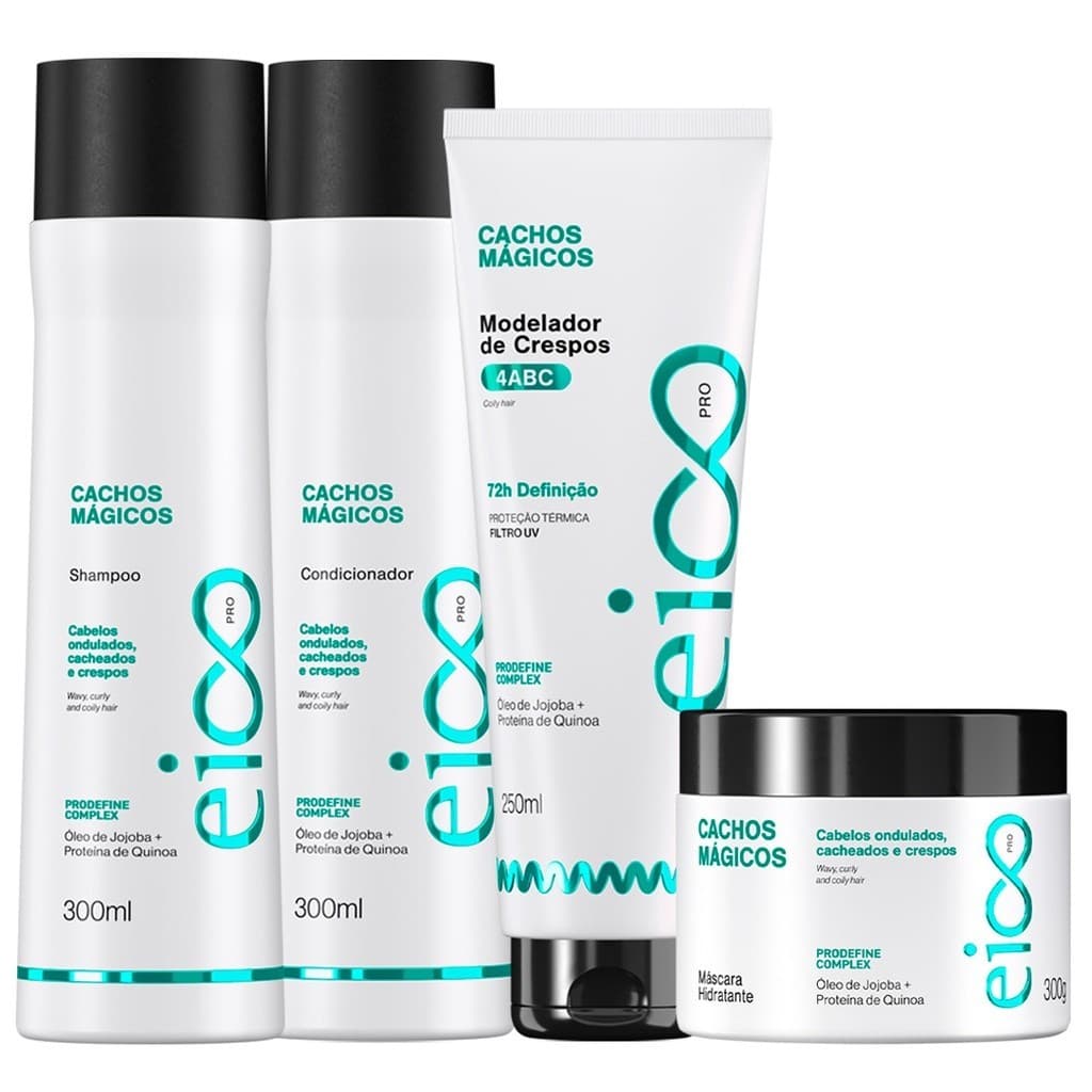 Kit Eico Pro Cachos Mágicos Shampoo Condicionador Mascara Leave-in Cacheados Crespos Ondulados