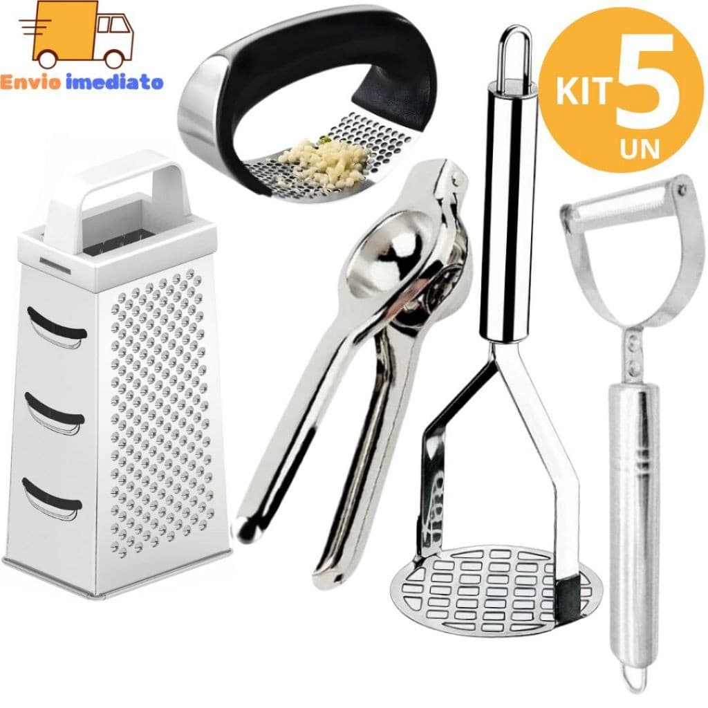 Kit Utensílios em Aço Inox Ralador Espremedor de Limão Amassador de Batata e Alho Descascador LegumesCasa Multifuncional