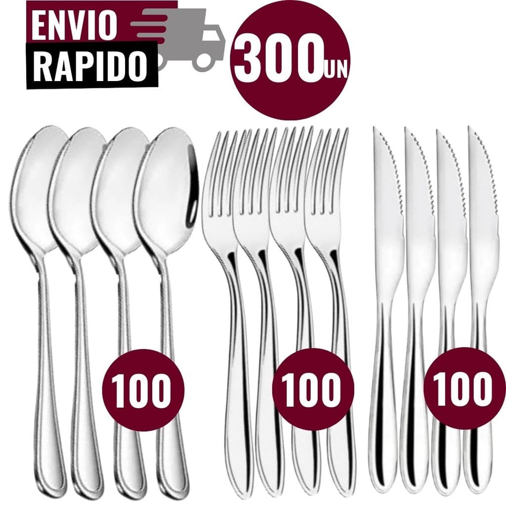 Jogo 300 Peças de Talher Aço Inox 100 Faca 100 Colher 100 Garfo de Mesa Casa Para Cozinha