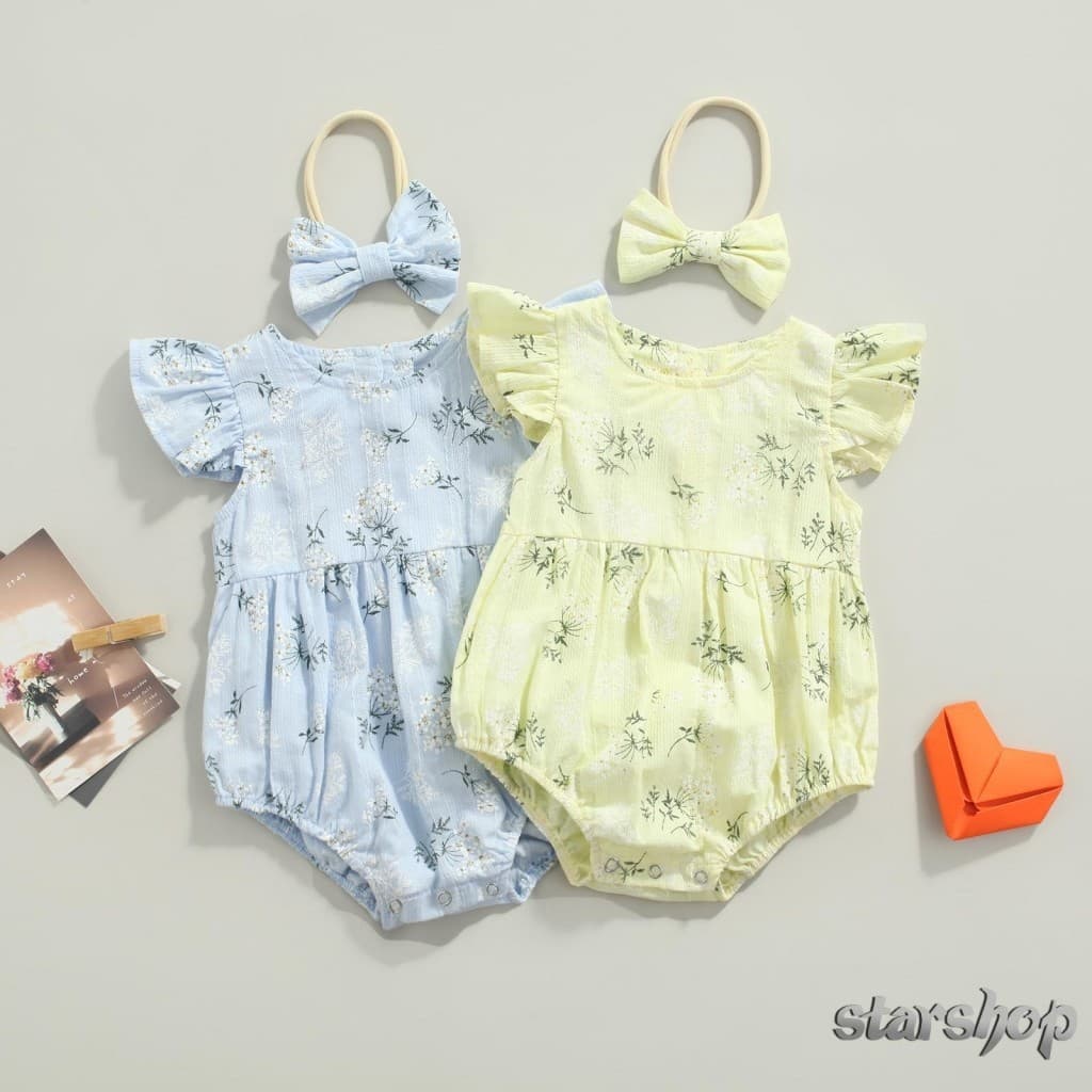 Starshop-Baby Romper Com Fita De Cabelo , Kids Floral Print Round Neck Fly Sleeve Bodysuit + Cabeça Para O Verão , Azul/Amarelo , 0-24 Meses