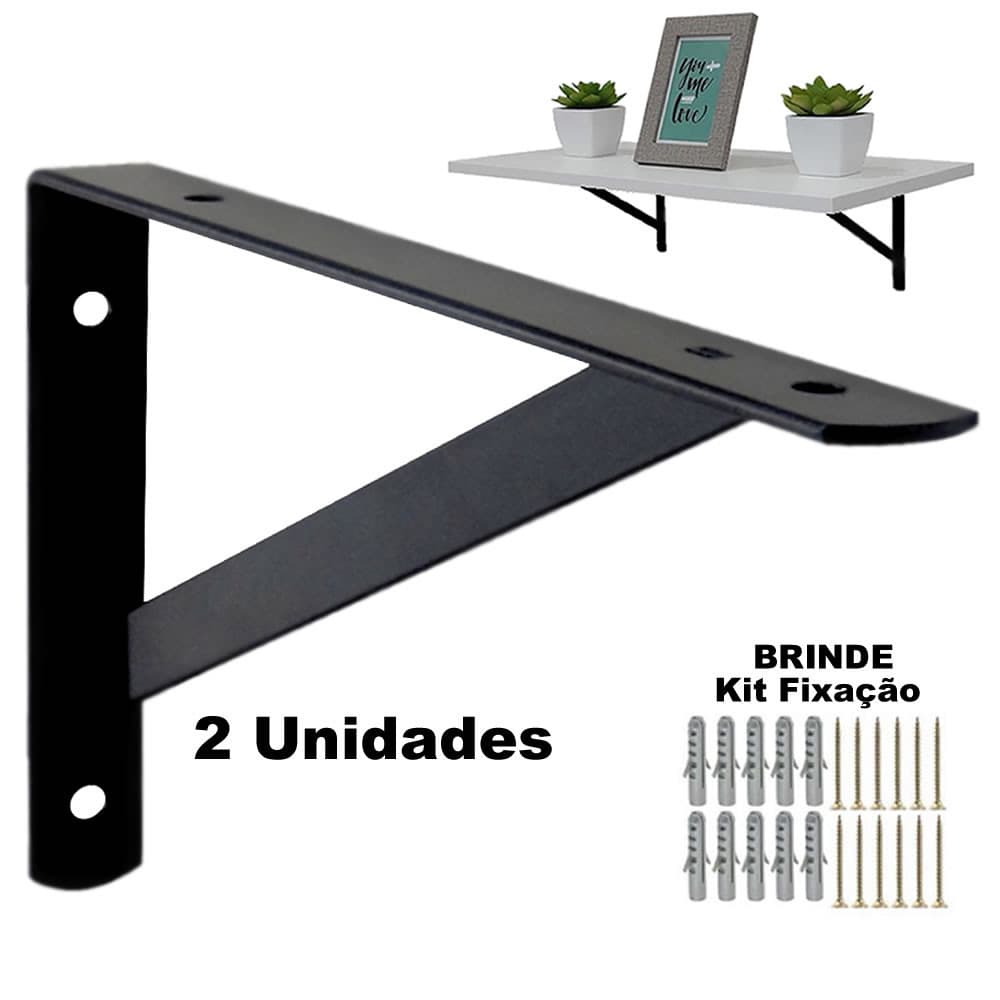 2 Mão Francesa Cantoneira Prateleira 40cm Preta + Parafusos