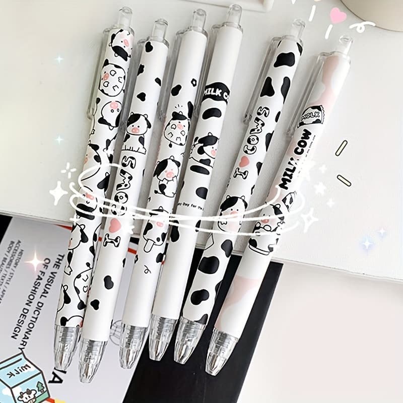 6 Pçs/set 0.5mm Tinta Preta Dos Desenhos Animados Leite Vaca Caneta Retrátil Bala Nib Gel Material Escolar