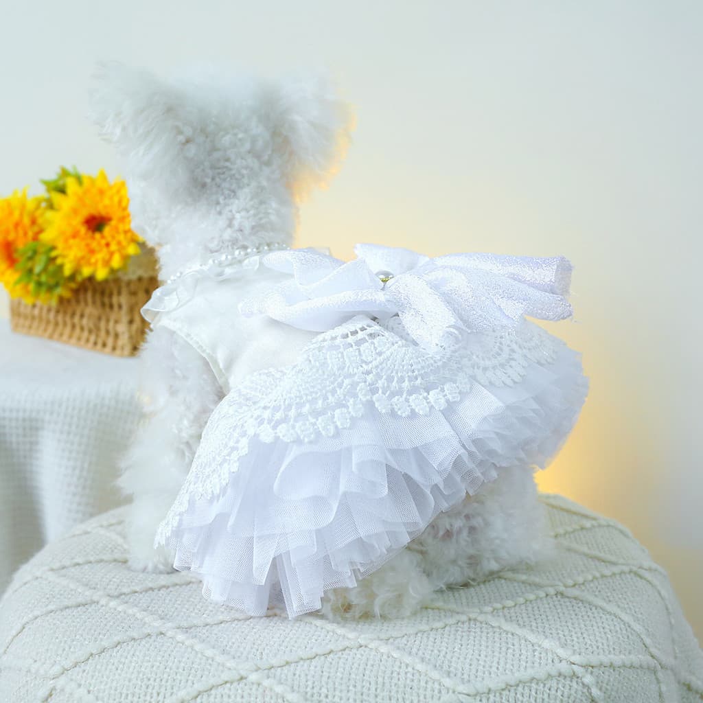 Vestido De Cachorro Gato Branco Pérola Gaze Tutu Shitzu Poodle Pet Traje Saia De Laço