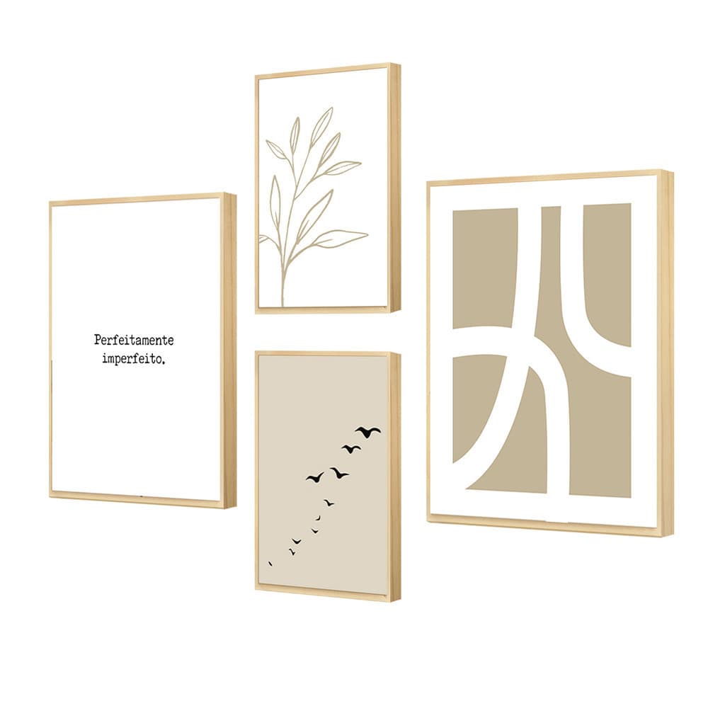 Kit 4 Quadros Decorativos Folhagem e Pássaros | Minimalismo e Natureza para Sala e Quarto