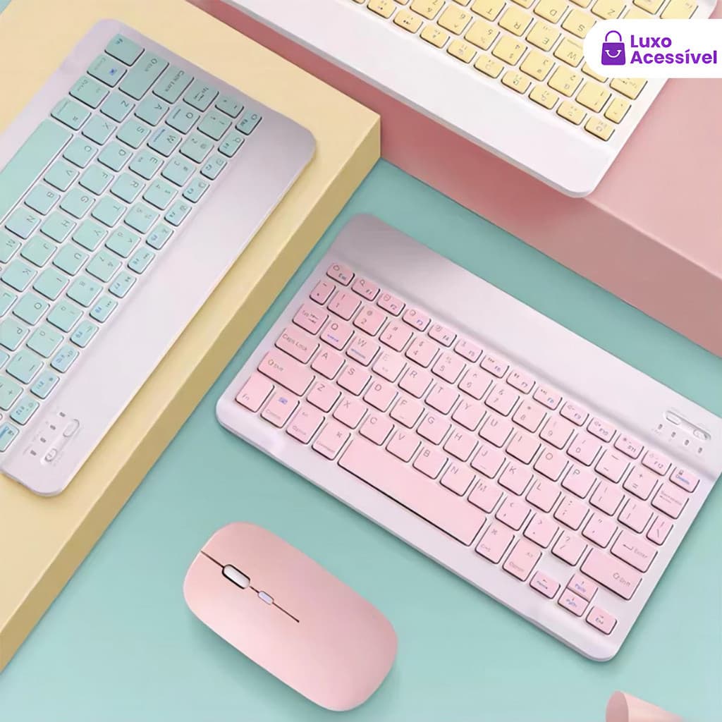 Teclado e Mouse Sem Fio Bluetooth de Cores Macaron Adequado para PC iPad Tablet e Notebook Mouse com iluminação Conjunto