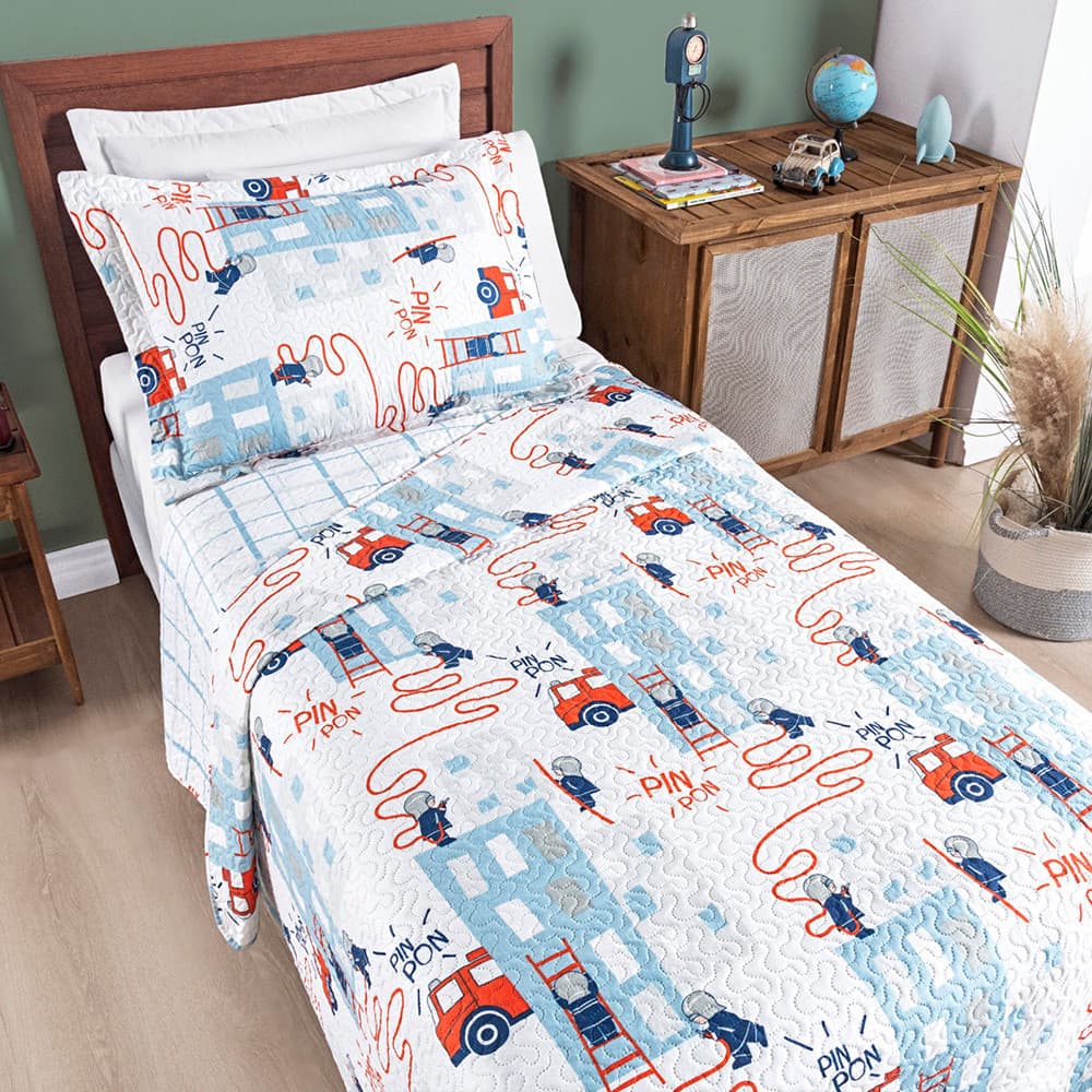 Kit Cobre Leito Cama de Solteiro Dupla Face Bouti Bombeiros