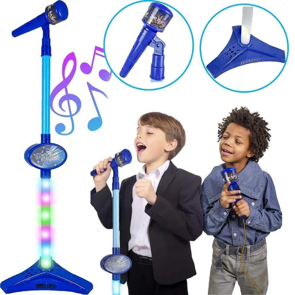 Microfone Infantil Azul Montavel Com Pedestal Com Som E Luzes Coloridas Conecta Celular - Bee Toys