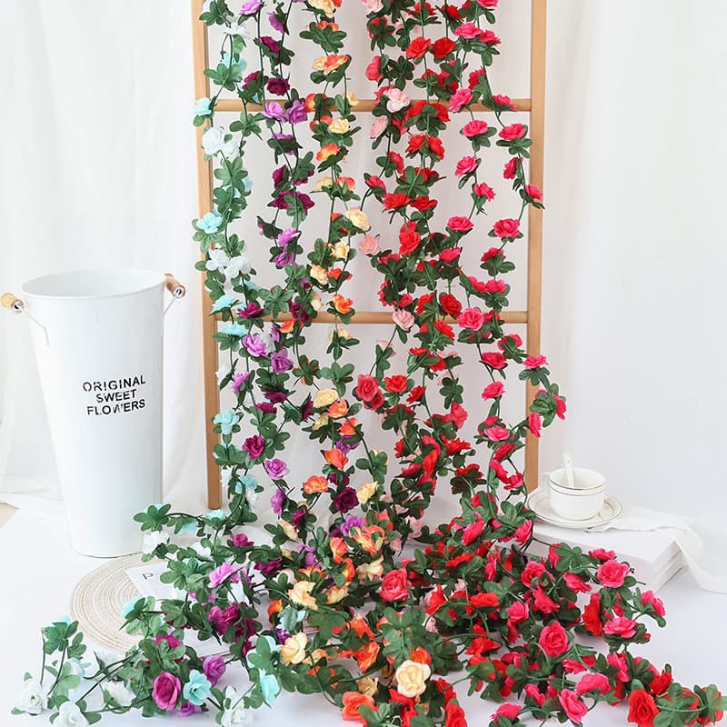2.4M Vinha Simulada De Rosa , Artificial De Flores , Decoração De Jardim De Casamento , Plantas Plásticas De