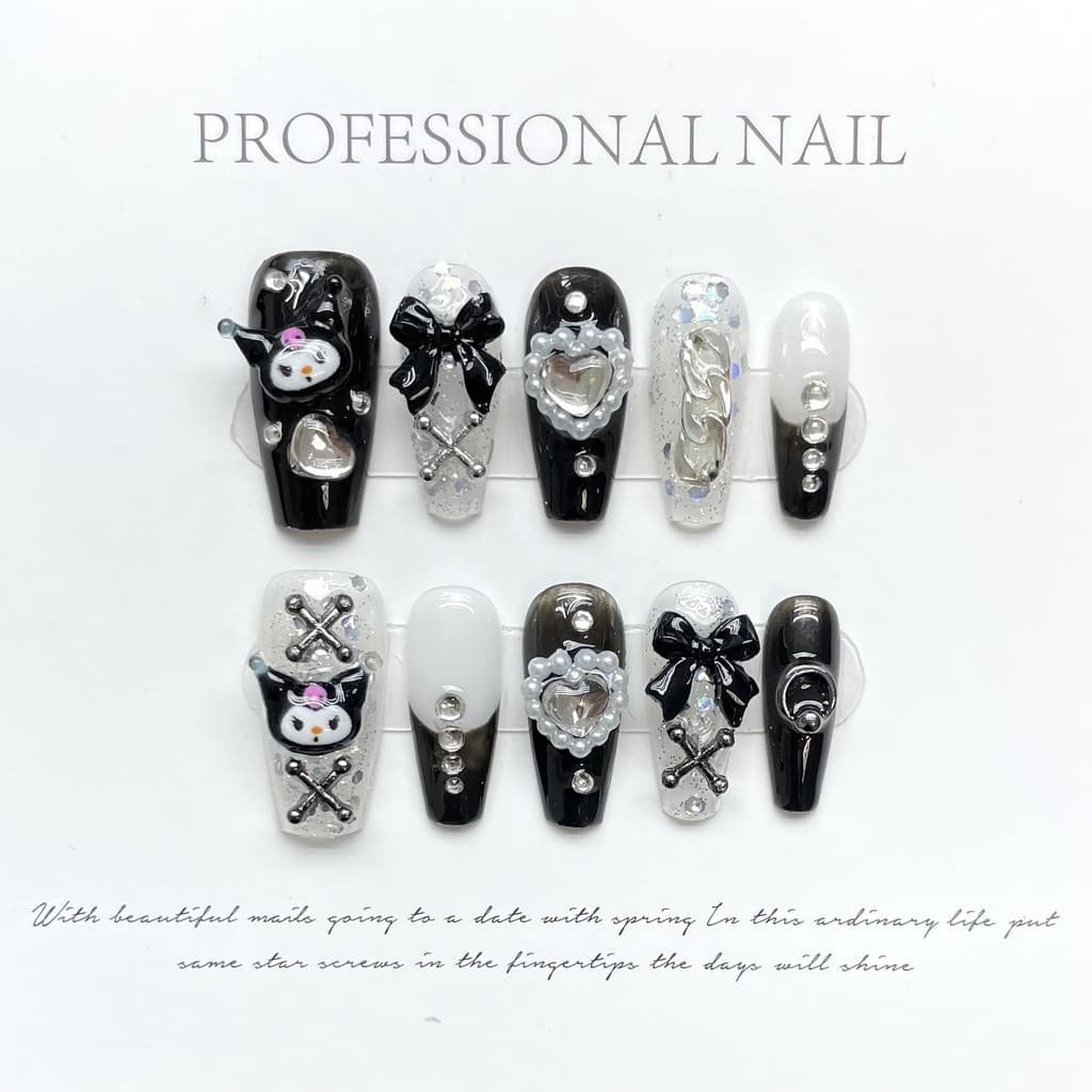 100% HANDMADE Longo Caixão Artificial Forma Nail Art Trapézio Escuro Loli Doce Legal Babes Kuromi Pérola Amor Coração Gradiente Fototerapia Unhas Falsas Reutilizáveis e Removíveis